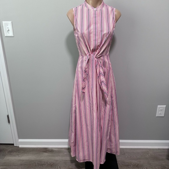 Calvin Klein Sleeveless Button Front Shirt Dress Candy Pin Stripe Pink Tie 2 - Picture 1 of 6